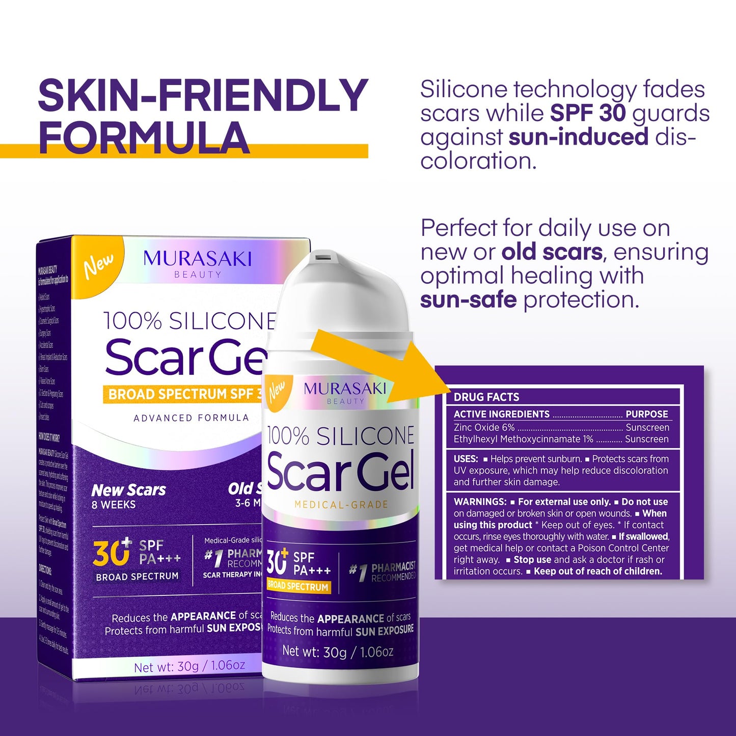 MURASAKI BEAUTY Silicone Scar Gel SPF 30 – Medical-Grade Scar Cream (1.06oz)