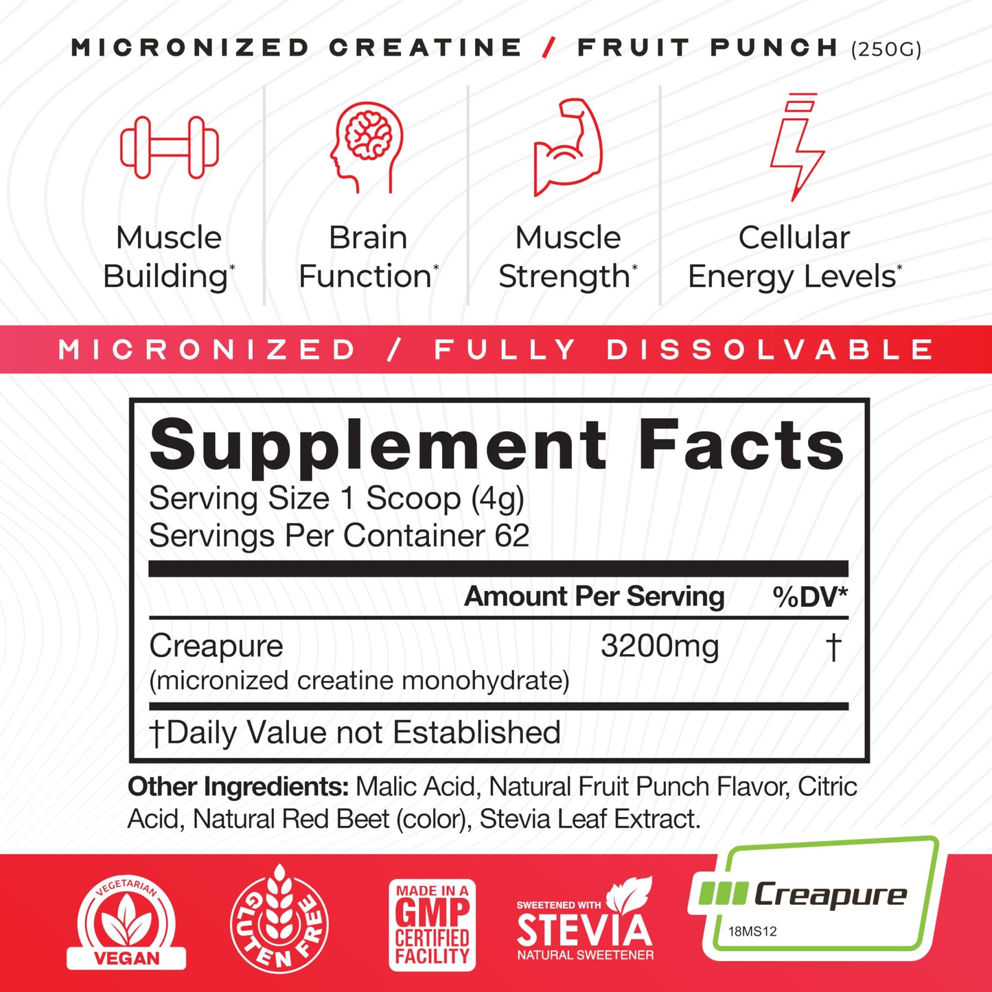 Muscle Feast Creapure Micronized Creatine Monohydrate Powder – Fruit Punch, 250g | Easy Mix, Gluten-Free, Pure German Creatine