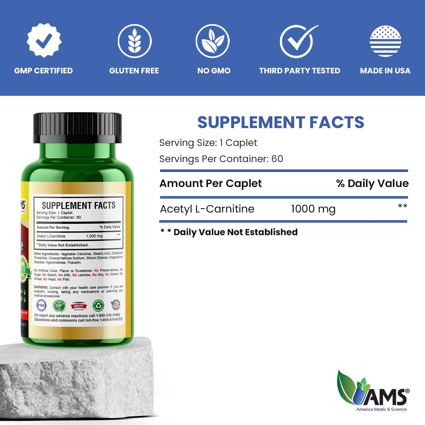 America Medic & Science Acetyl L-Carnitine 1000mg | 60 Tablets | Energy & Brain Health