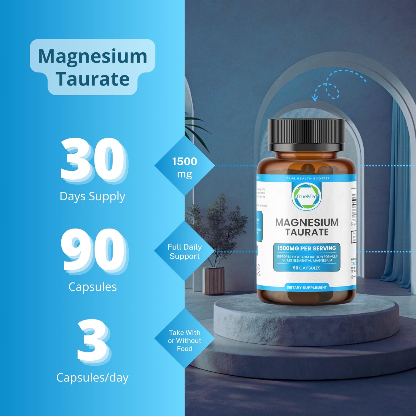 Magnesium Taurate 1500 mg – 90 Capsules | Sleep & Heart Health | 30-Day Supply