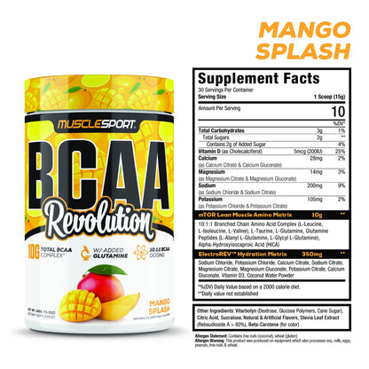 Musclesport BCAA Revolution Mango Splash – Intra-Workout Amino Acid Powder (30 Servings) for Men & Women