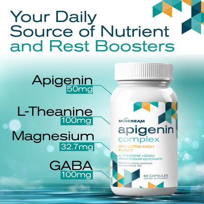 Musebeam Apigenin Supplement for Rest and Relaxation Support - 50mg Apigenin per Capsule with Magnesium Glycinate 275mg, L-Theanine 100mg, GABA 100mg - 98% Ultra-High Purity