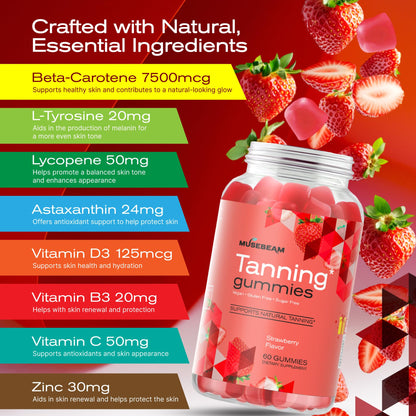 MuseBeam Tanning Gummies for Women – Sunless Self Tan, Strawberry Flavor, Sugar Free, Vegan