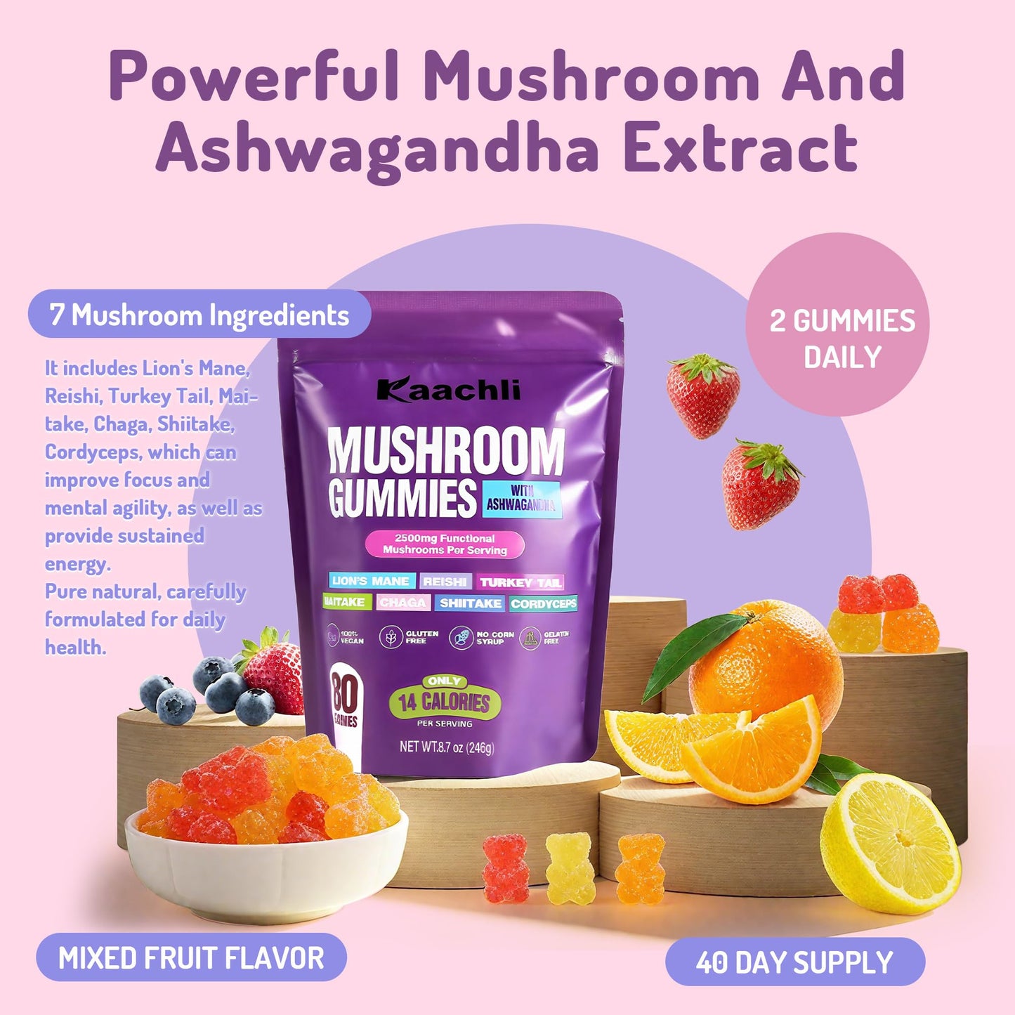 KAACHLI Ashwagandha & 8 Mushroom Blend Gummies 500mg | Focus, Energy & Cognitive Boost – 80 Count