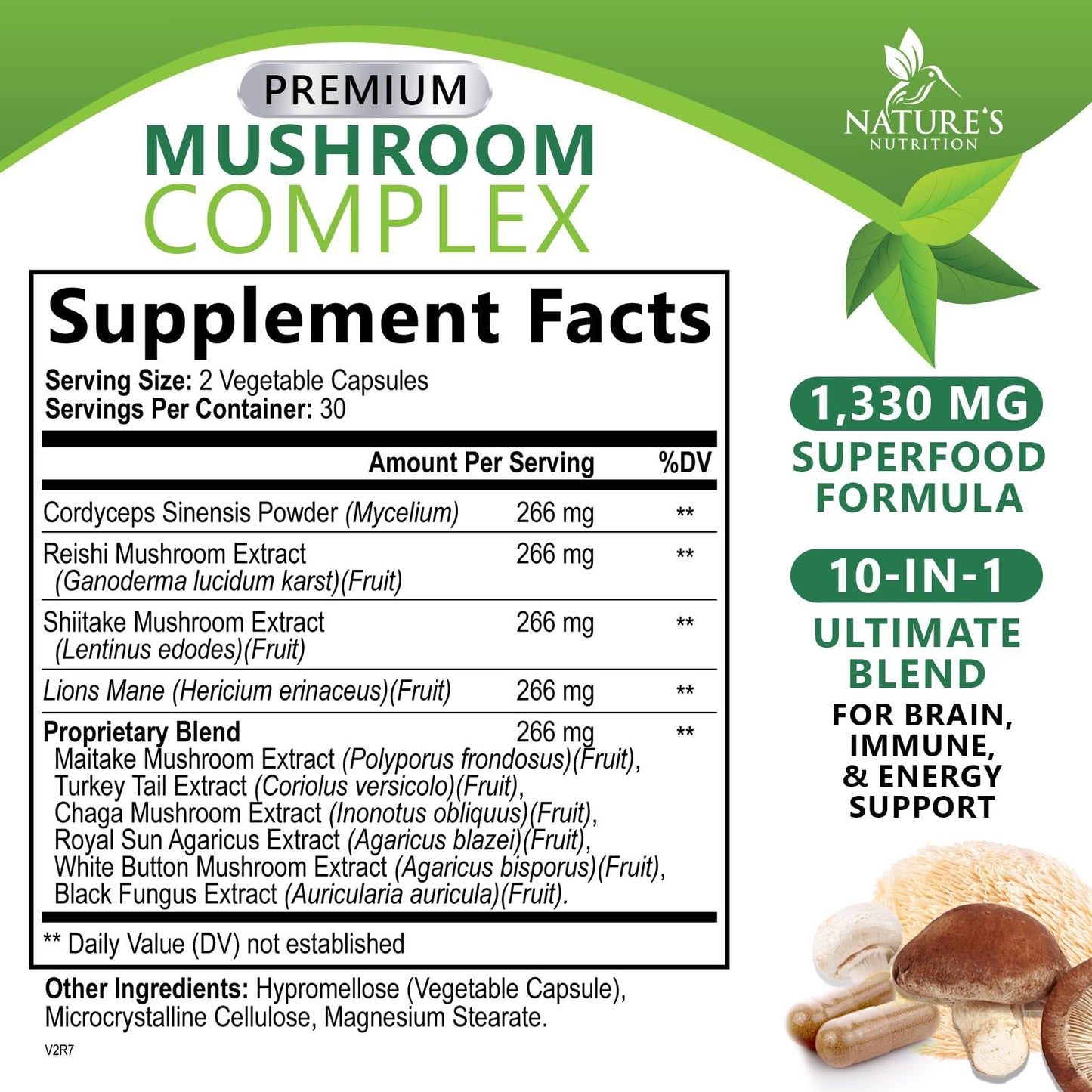 Mushroom Brain Supplement 1330 mg – 10 in 1 High Strength Complex (60 Capsules) | Lions Mane, Reishi, Cordyceps