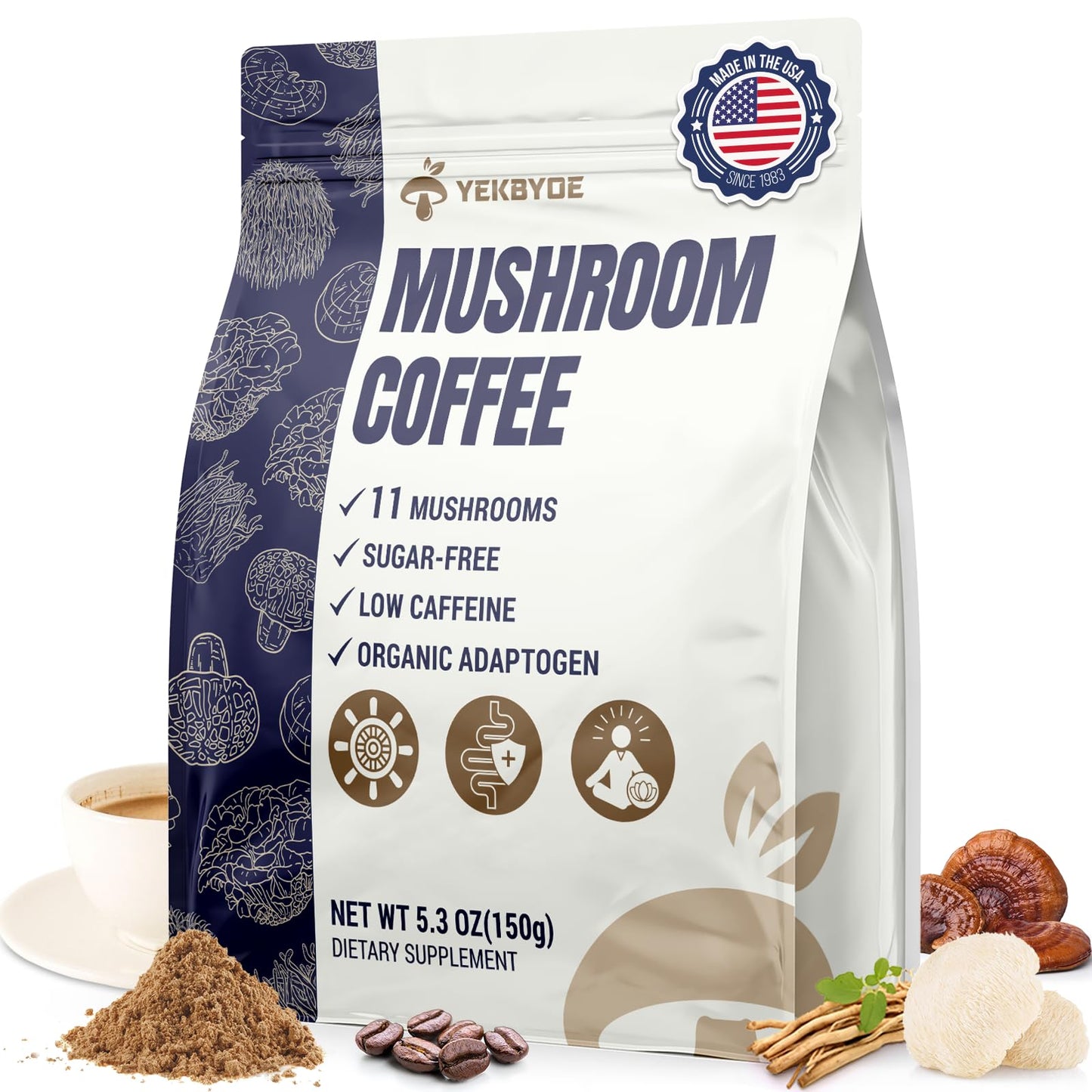 Mushroom Coffee – 11 Superfood Mushrooms with Lion’s Mane, Reishi, Chaga & Ashwagandha | Organic Instant Coffee, Low Caffeine & Sugar Free (5.3oz)