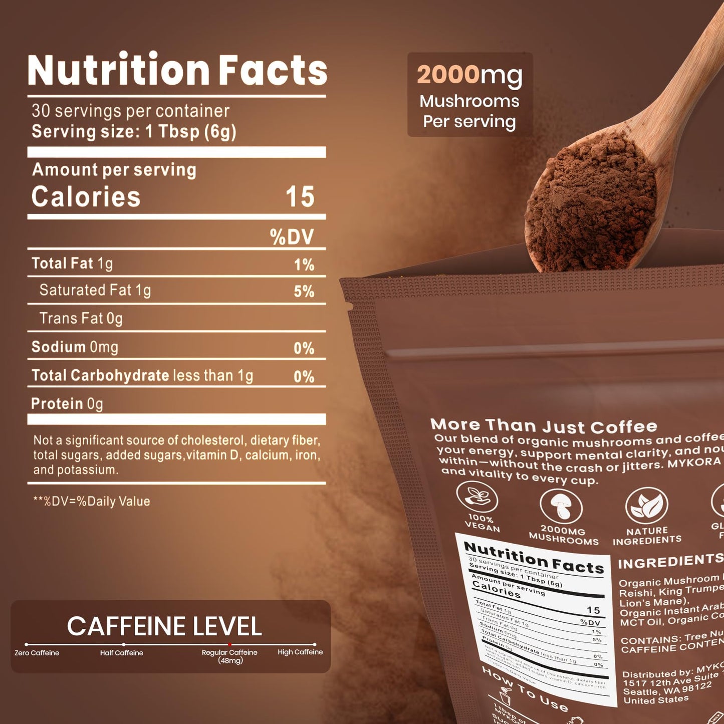 Mushroom Coffee 2000mg – Organic Instant Coffee with 6 Adaptogenic Mushrooms (Lion’s Mane & Turkey Tail), 30 Servings