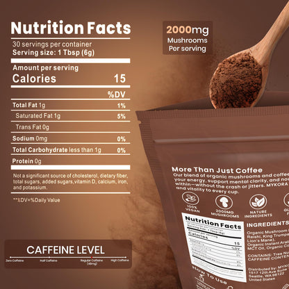 Mushroom Coffee 2000mg – Organic Instant Coffee with 6 Adaptogenic Mushrooms (Lion’s Mane & Turkey Tail), 30 Servings