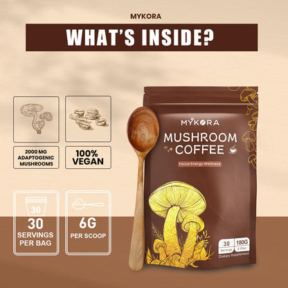 Mushroom Coffee 2000mg – Organic Instant Coffee with 6 Adaptogenic Mushrooms (Lion’s Mane & Turkey Tail), 30 Servings