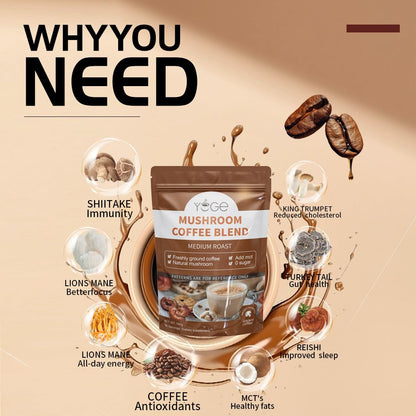 Mushroom Coffee with 6 Mushrooms (Cordyceps, Reishi, Lion's Mane, Shiitake, Turkey Tail, King Trumpet) – Instant Coffee Powder for Energy, Focus & Immune Support | 30 Servings