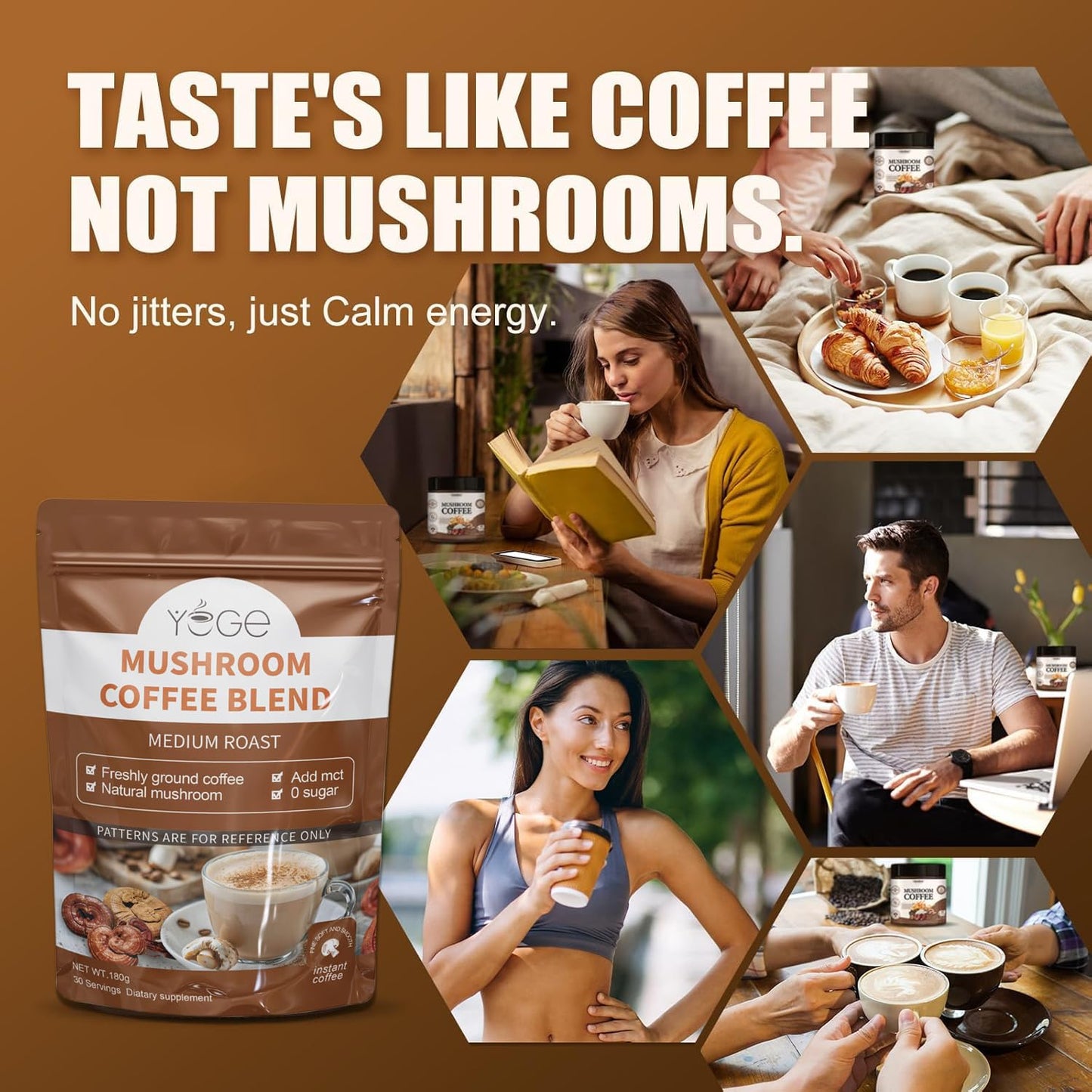 Mushroom Coffee with 6 Mushrooms (Cordyceps, Reishi, Lion's Mane, Shiitake, Turkey Tail, King Trumpet) – Instant Coffee Powder for Energy, Focus & Immune Support | 30 Servings