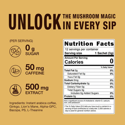 Mushroom Coffee Mix 7 in 1, with Ginkgo, Lions Mane, Alpha-GPC, Bacopa, PS, L-Theanine – 12 Sachets