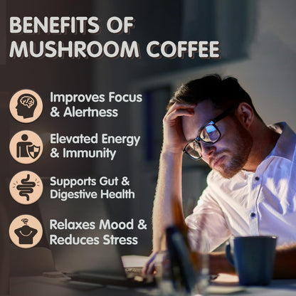 Mushroom Coffee with 6 Adaptogenic Mushrooms – Focus, Energy, Immunity & Gut Health (30 Servings)