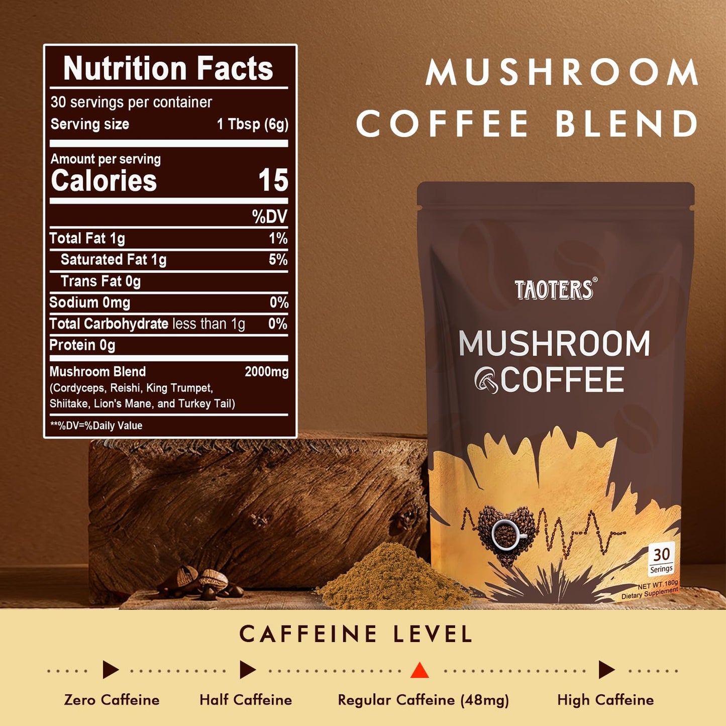 TAOTERS Mushroom Coffee 6-Mushroom Blend | Focus, Energy & Immunity | 2-Pack