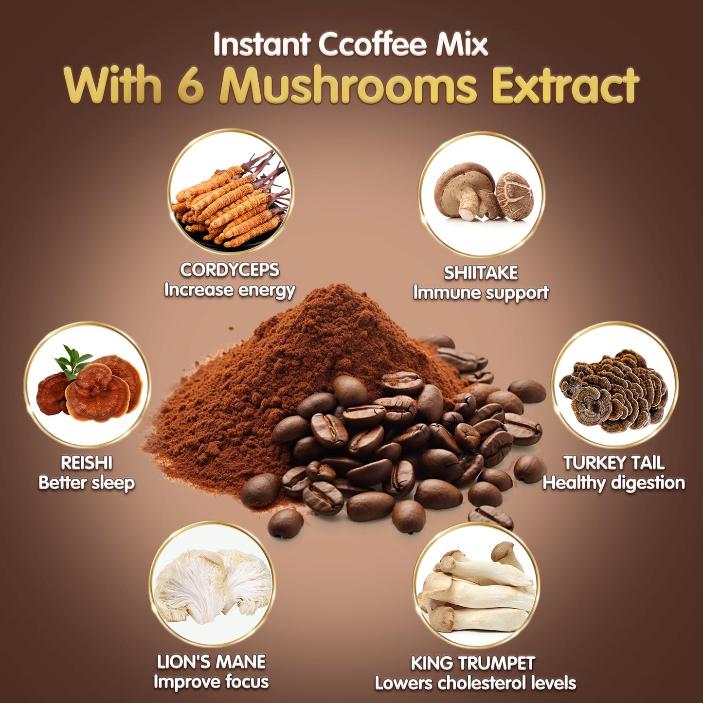 Mushroom Coffee with 6 Adaptogenic Mushrooms – Focus, Energy, Immunity & Gut Health (30 Servings)