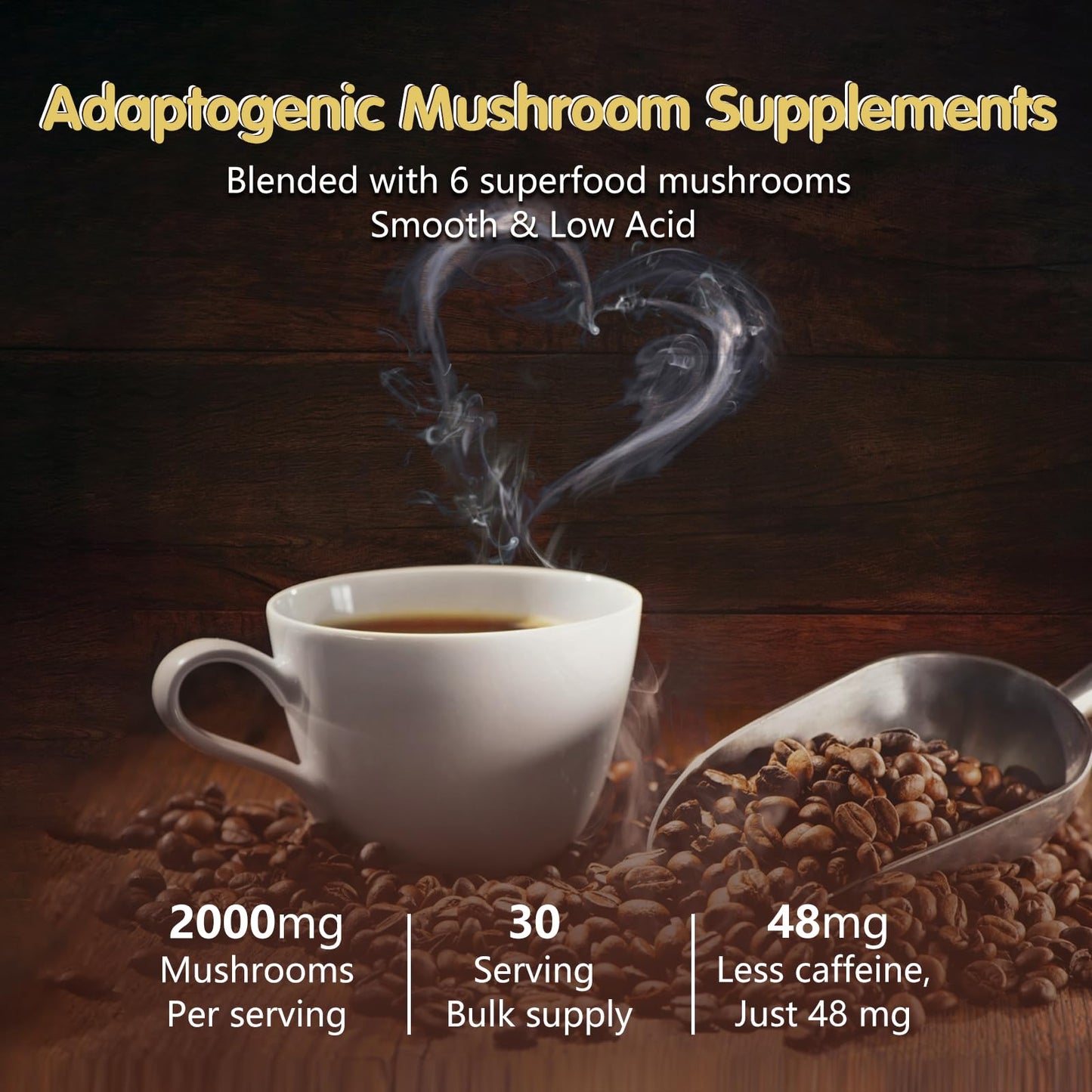 Mushroom Coffee with 6 Adaptogenic Mushrooms – Focus, Energy, Immunity & Gut Health (30 Servings)