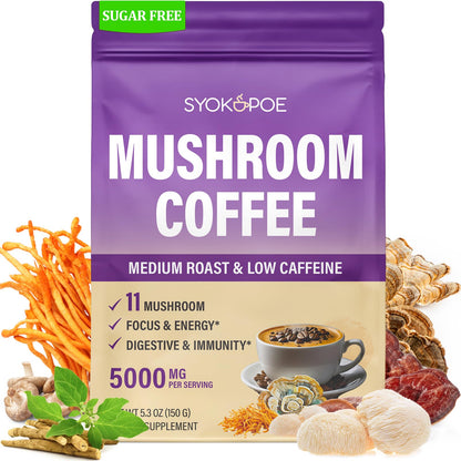Organic Mushroom Coffee with 11 Mushrooms + 8 Adaptogens - Gluten Free, 30 Servings