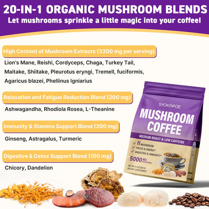 Organic Mushroom Coffee with 11 Mushrooms + 8 Adaptogens - Gluten Free, 30 Servings