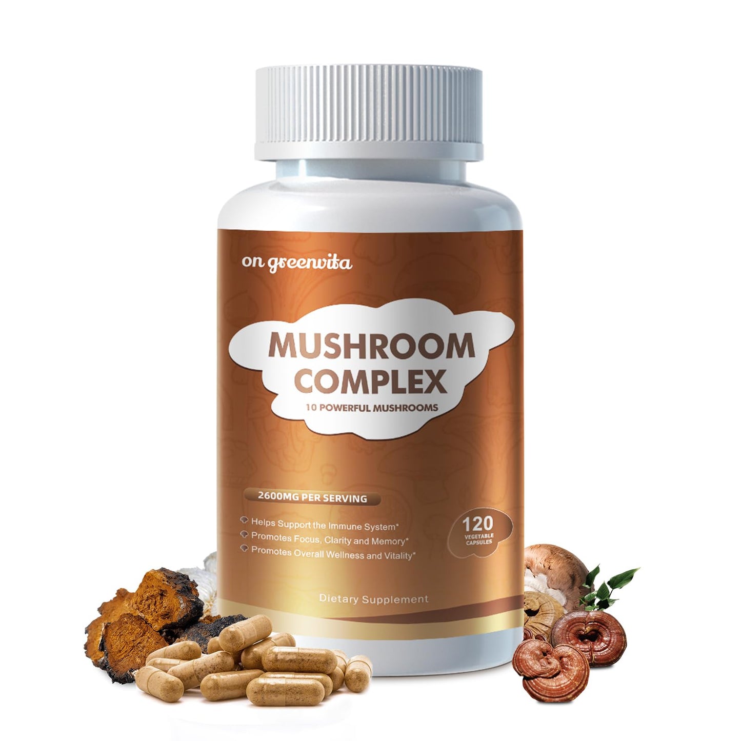 Mushroom Complex 2600mg - 120 Capsules | 10-Mushroom Blend (Reishi, Lions Mane, Cordyceps)