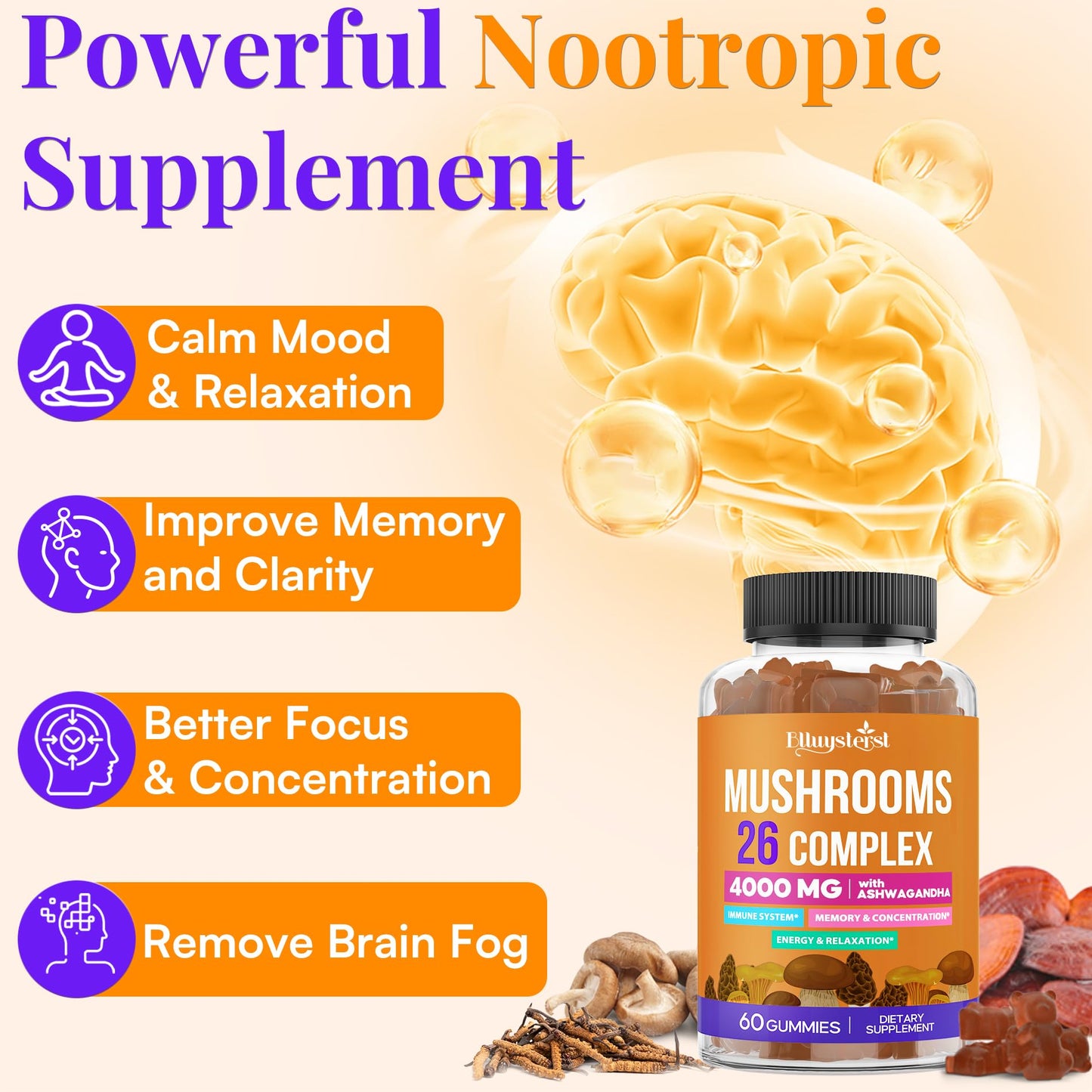 Mushroom Gummies for Adults 4000mg – 26-in-1 Brain Support with Ashwagandha & Lion's Mane