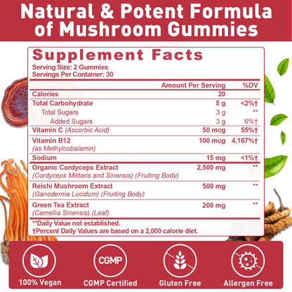 Mushroom Gummies with Cordyceps & Reishi – Brain, Energy, Focus, Immunity & Rest (60 Count)