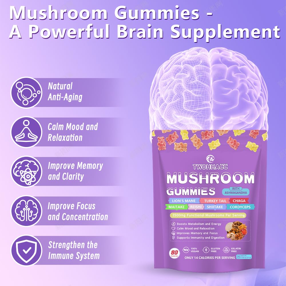 Mushroom Gummies with Ashwagandha & Lion's Mane – Nootropic Brain Support, Immune & Stress Relief