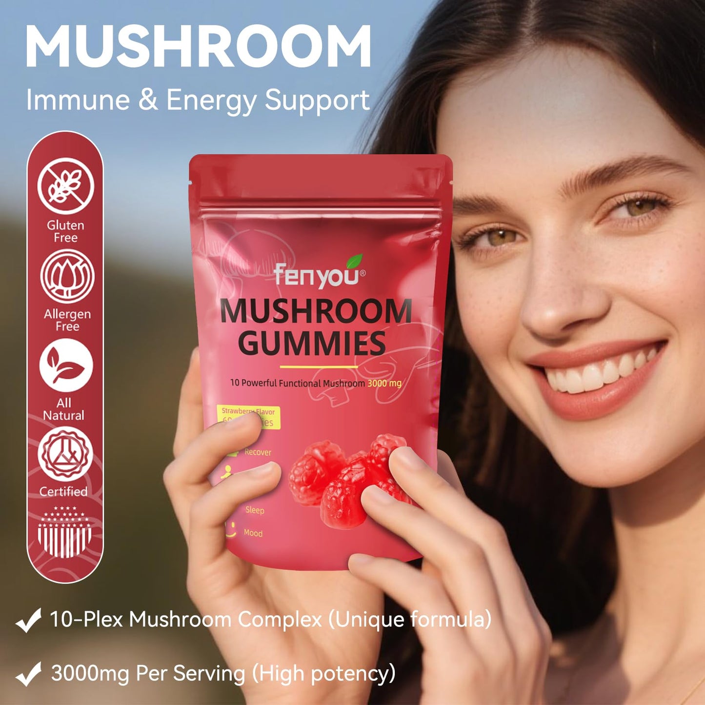 Mushroom Gummies – Lions Mane, Reishi, Chaga & Maitake for Immune Support and Focus (Vegan Strawberry) 60 Count