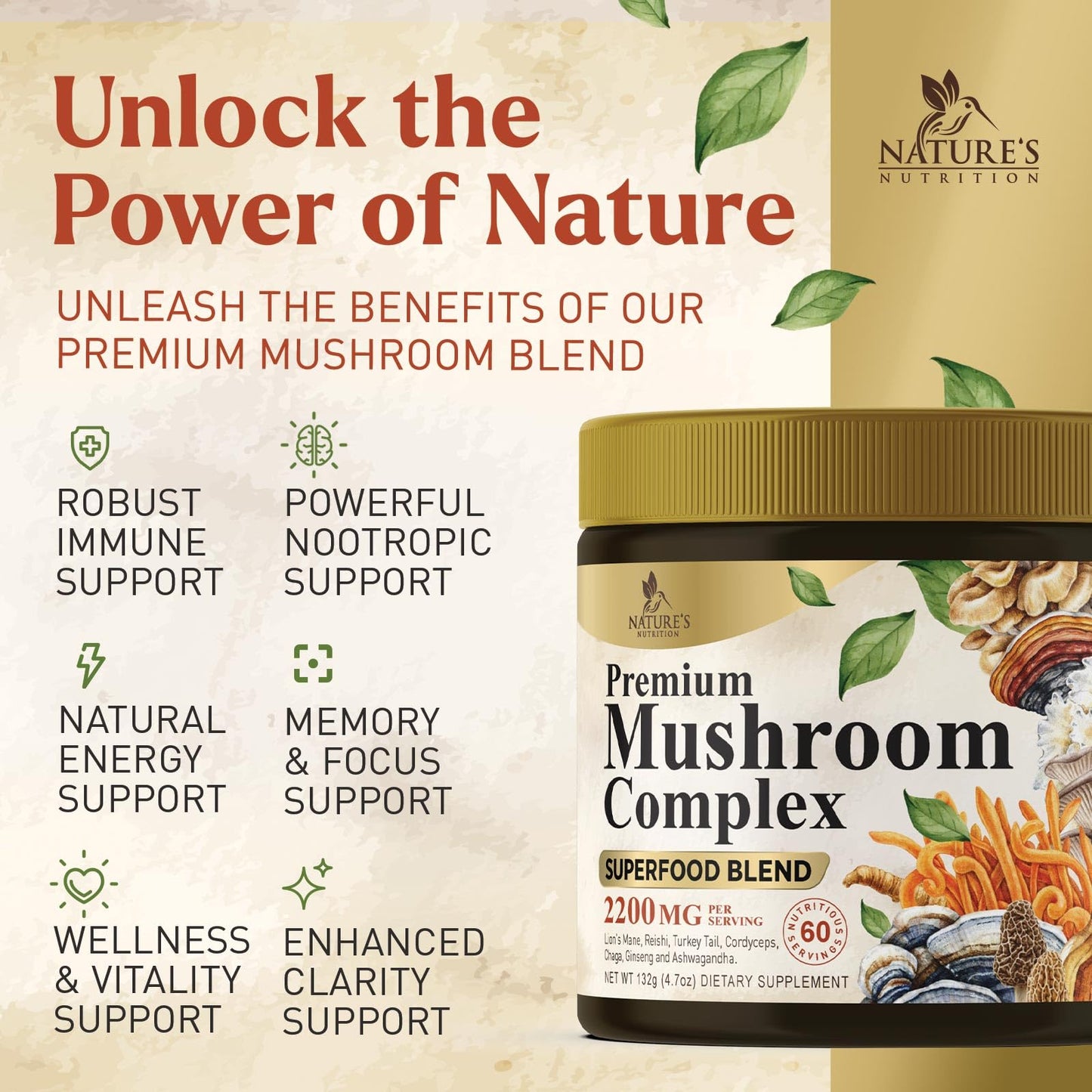 Mushroom Powder 2200mg – 11-in-1 Organic Lion's Mane, Reishi, Cordyceps | 60 Servings