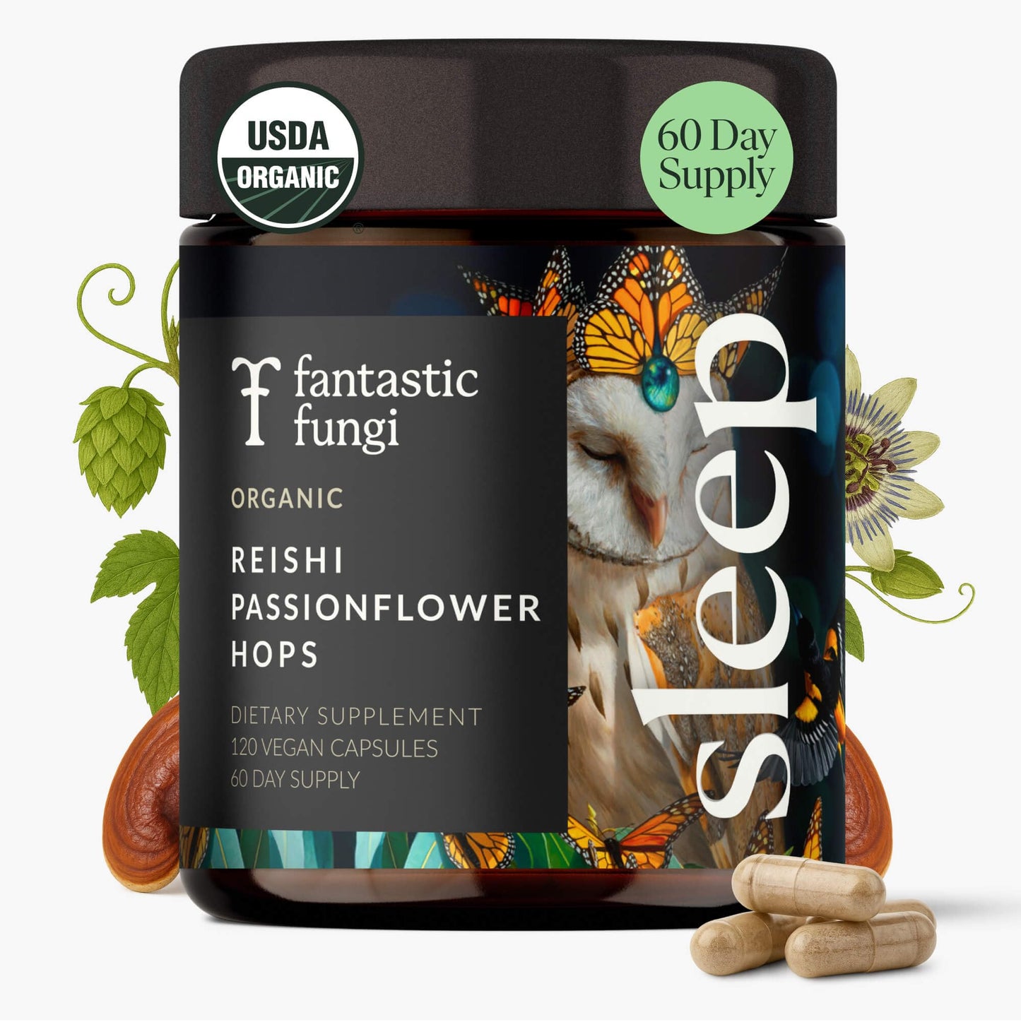 Mushroom Sleep Supplement — Reishi, Passionflower & Hops | 100% USDA Organic, Vegan, 120 Caps