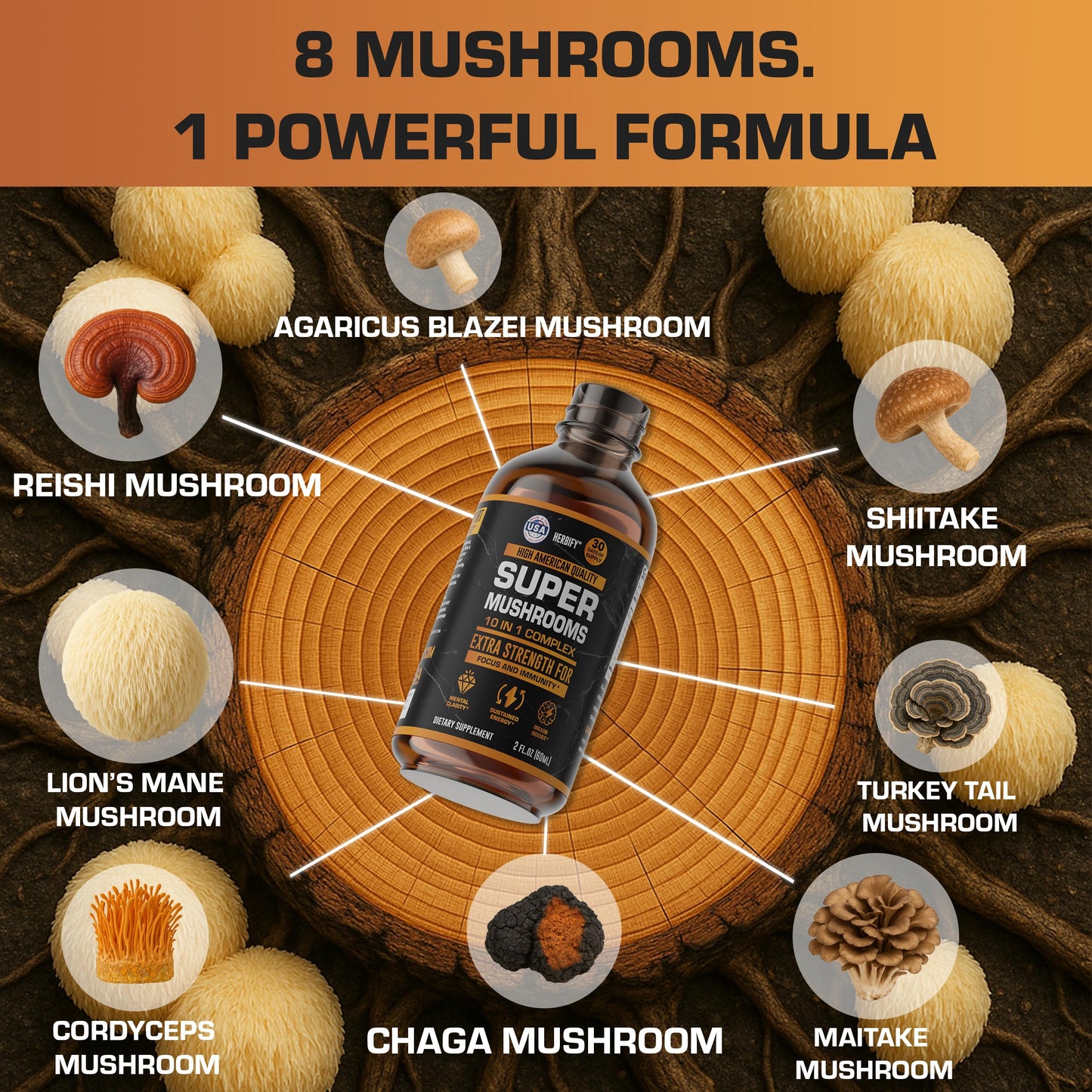 Multi-Mushroom Immune & Brain Health Supplement – Lions Mane, Reishi, Cordyceps | Made in USA