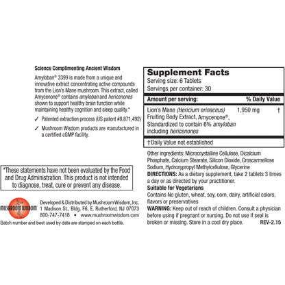 Mushroom Wisdom Lion's Mane Amyloban 180 Tablets | Brain Support, Vegetarian