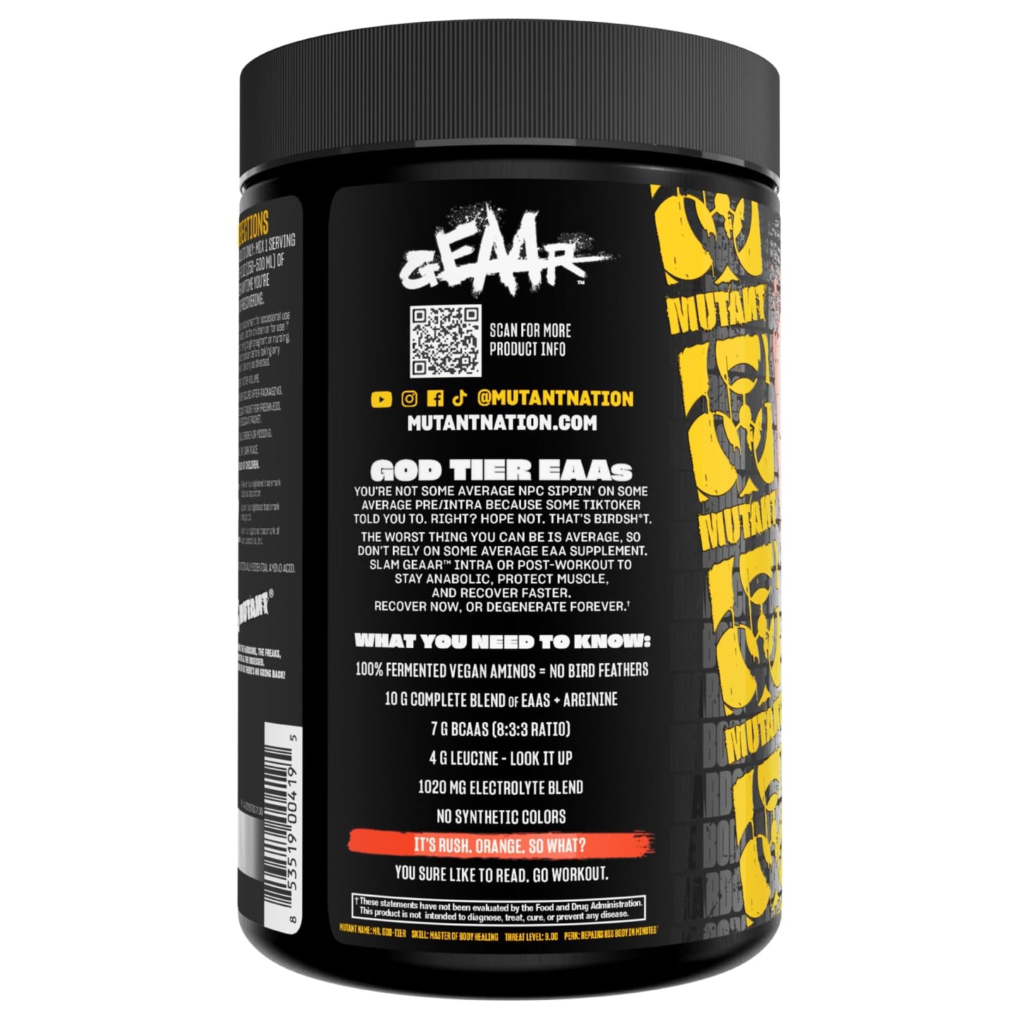 Mutant GEAAR Orange Rush – 9.4g EAAs + Arginine, 7g BCAAs, 4g Leucine, Electrolytes | 30 Servings