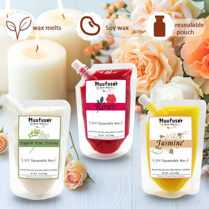 Muufuuser DIY Squeezable Soy Wax Candle — 7 oz, 55h Burn, 3 Scents (Jasmine, Rose, English Pear & Freesia)