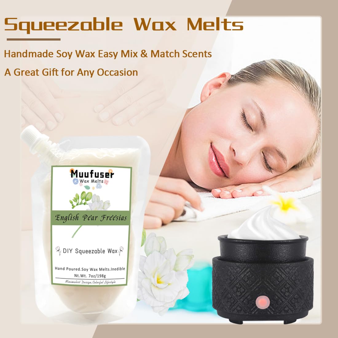 Muufuuser DIY Squeezable Soy Wax Candle — 7 oz, 55h Burn, 3 Scents (Jasmine, Rose, English Pear & Freesia)