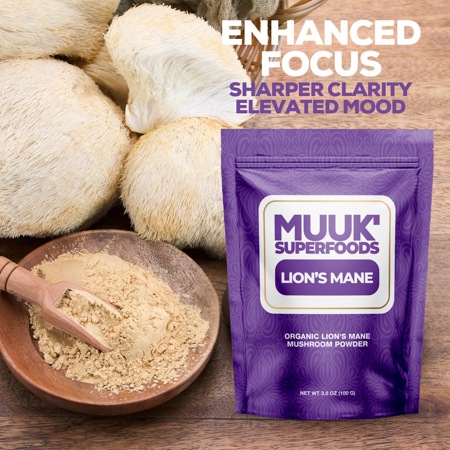 MUUK' SUPERFOODS | Pure Organic Lion's Mane Mushroom Powder | Brain-Boosting, USA-Made | 3.5 oz (100g), 60 Servings