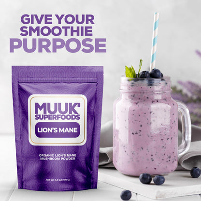 MUUK' SUPERFOODS | Pure Organic Lion's Mane Mushroom Powder | Brain-Boosting, USA-Made | 3.5 oz (100g), 60 Servings
