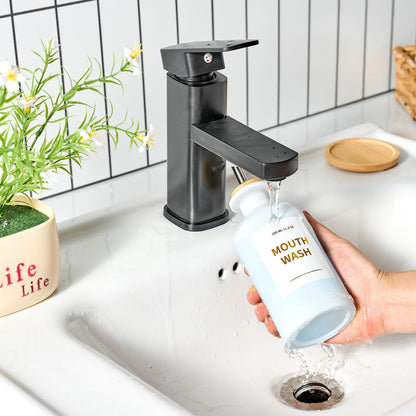 MUVEKA Glass Mouthwash Dispenser | 11.8oz, Bamboo Holder, Stainless Steel Spouts