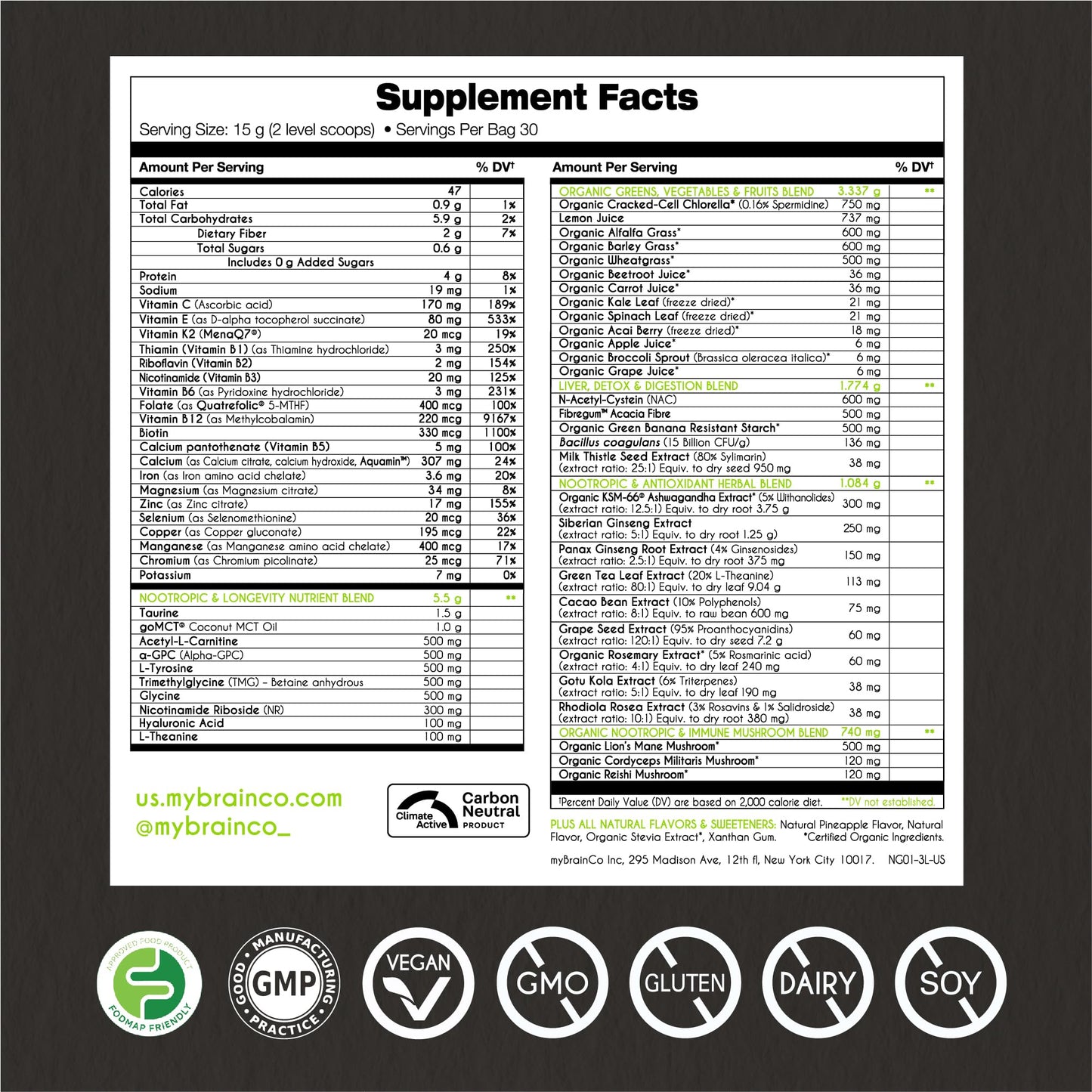 myBrainCo. Nootropic Greens — Premium Organic Brain, Body & Longevity Optimizer (15.9 oz)