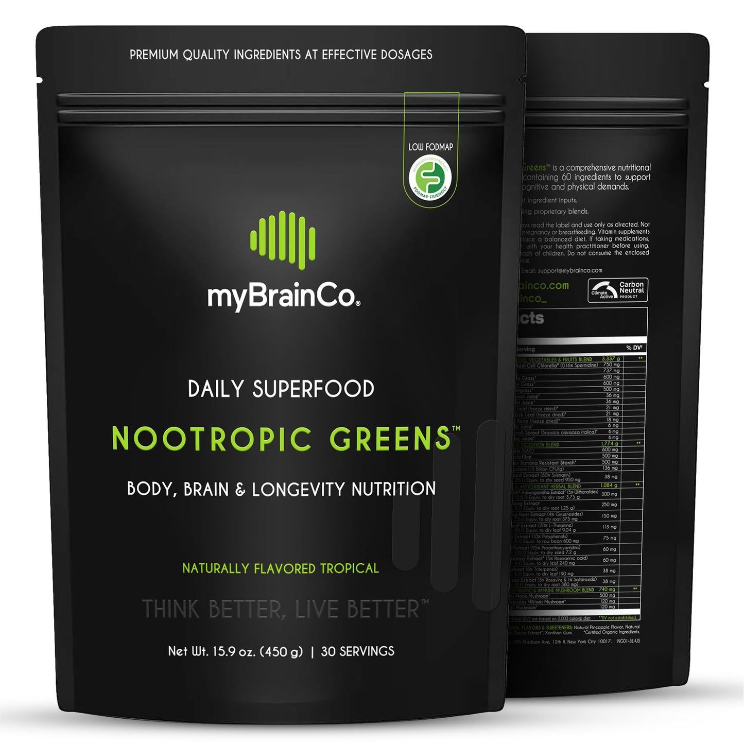 myBrainCo. Nootropic Greens — Premium Organic Brain, Body & Longevity Optimizer (15.9 oz)