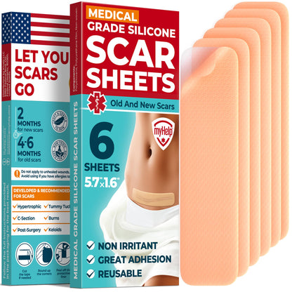 MYHELP Medical Grade Silicone Scar Sheets – 6pk (5.7”x1.6”) for Surgical, C-Section & Keloid Scars
