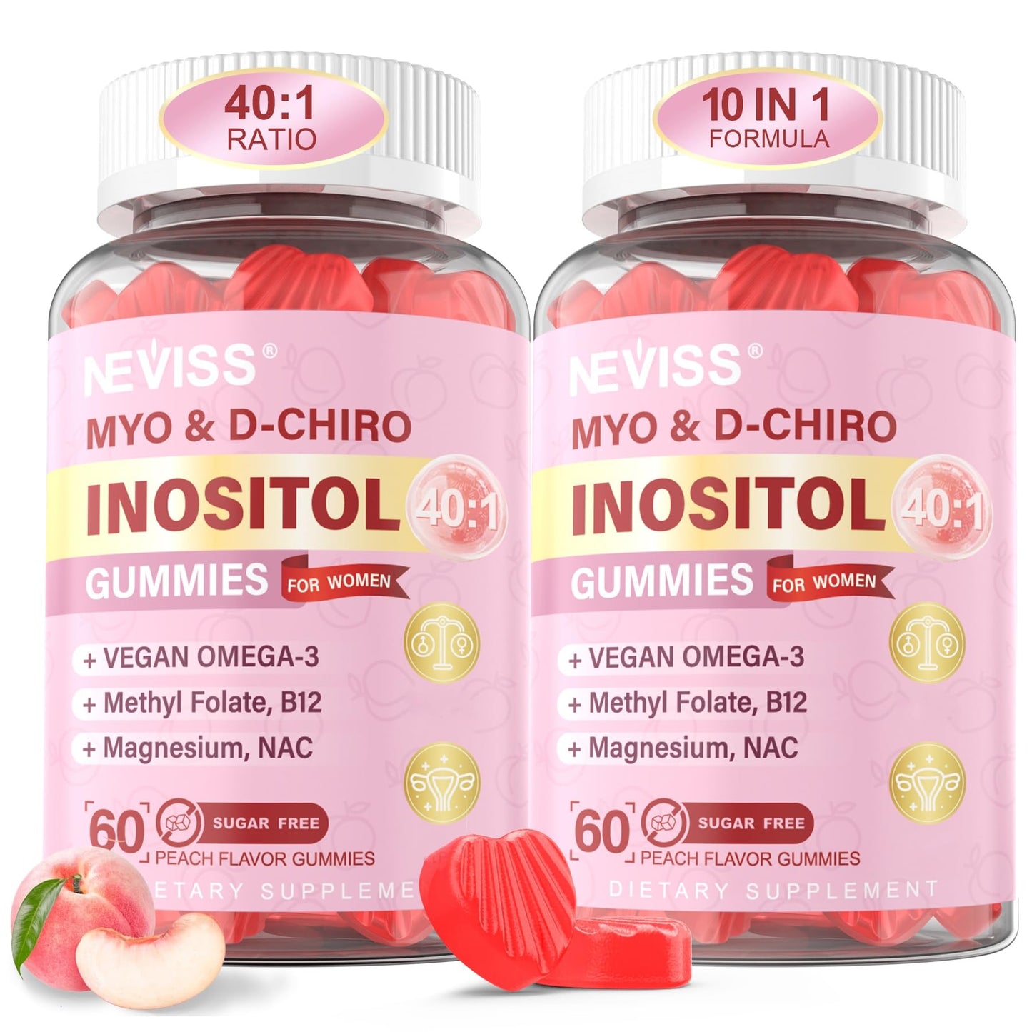 Myo-Inositol & D-Chiro Inositol Gummies for Women – 40:1 Ratio, Sugar-Free, 120 Ct