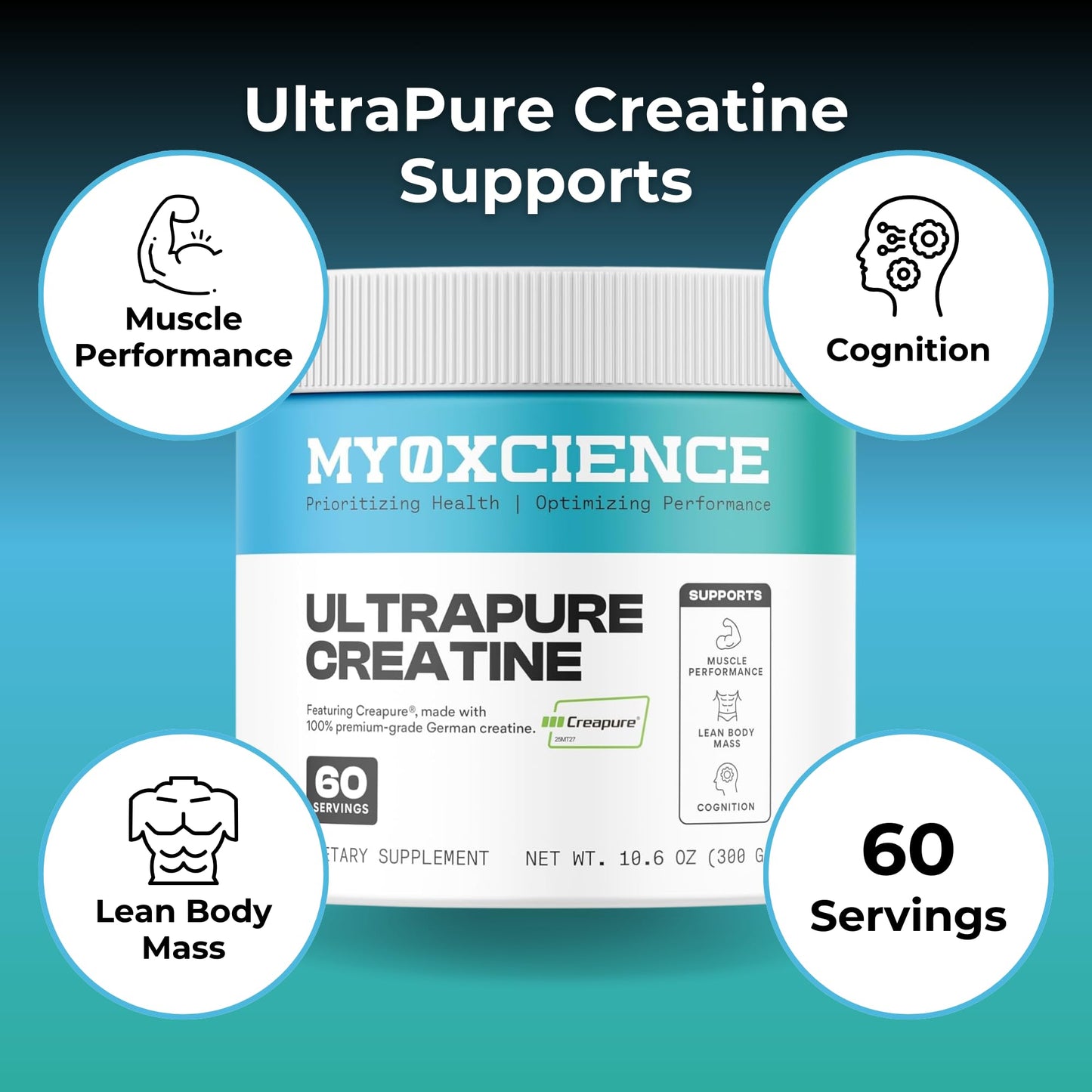 MYOXCIENCE Creapure® Creatine Monohydrate | Supports Strength, Muscle Mass & Cognition | Unflavored 60 Servings