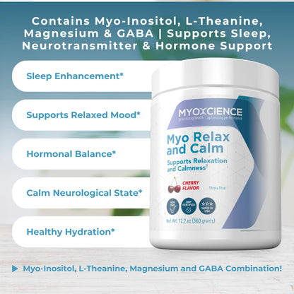 MYOXCIENCE Myo Relax and Calm | Myo-Inositol, L-Theanine, Taurine, Magnesium & GABA | Sleep, Neurotransmitter & Hormone Support (Cherry, 60 Servings)