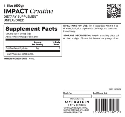 Myprotein Creatine Monohydrate Powder – 100 Servings (1.1 lbs), Pure Unflavored, Pre/Post Workout