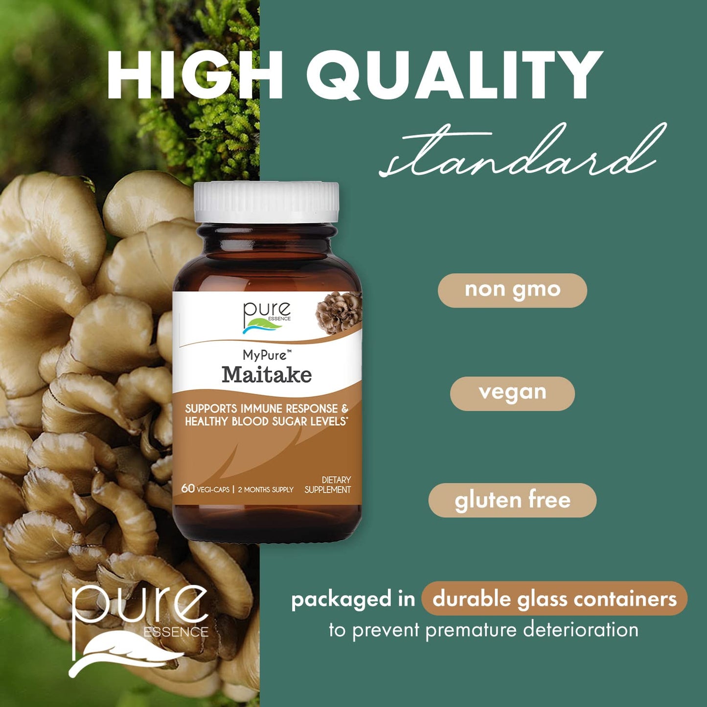 PURE ESSENCE LABS MyPure Maitake Mushrooms - Concentrated Maitake Mushroom Powder Supplement for Immune System Support, Stress Relief, Build Energy, Strength Booster for Men & Women - 2 Month Supply