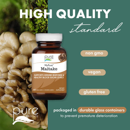 PURE ESSENCE LABS MyPure Maitake Mushrooms - Concentrated Maitake Mushroom Powder Supplement for Immune System Support, Stress Relief, Build Energy, Strength Booster for Men & Women - 2 Month Supply