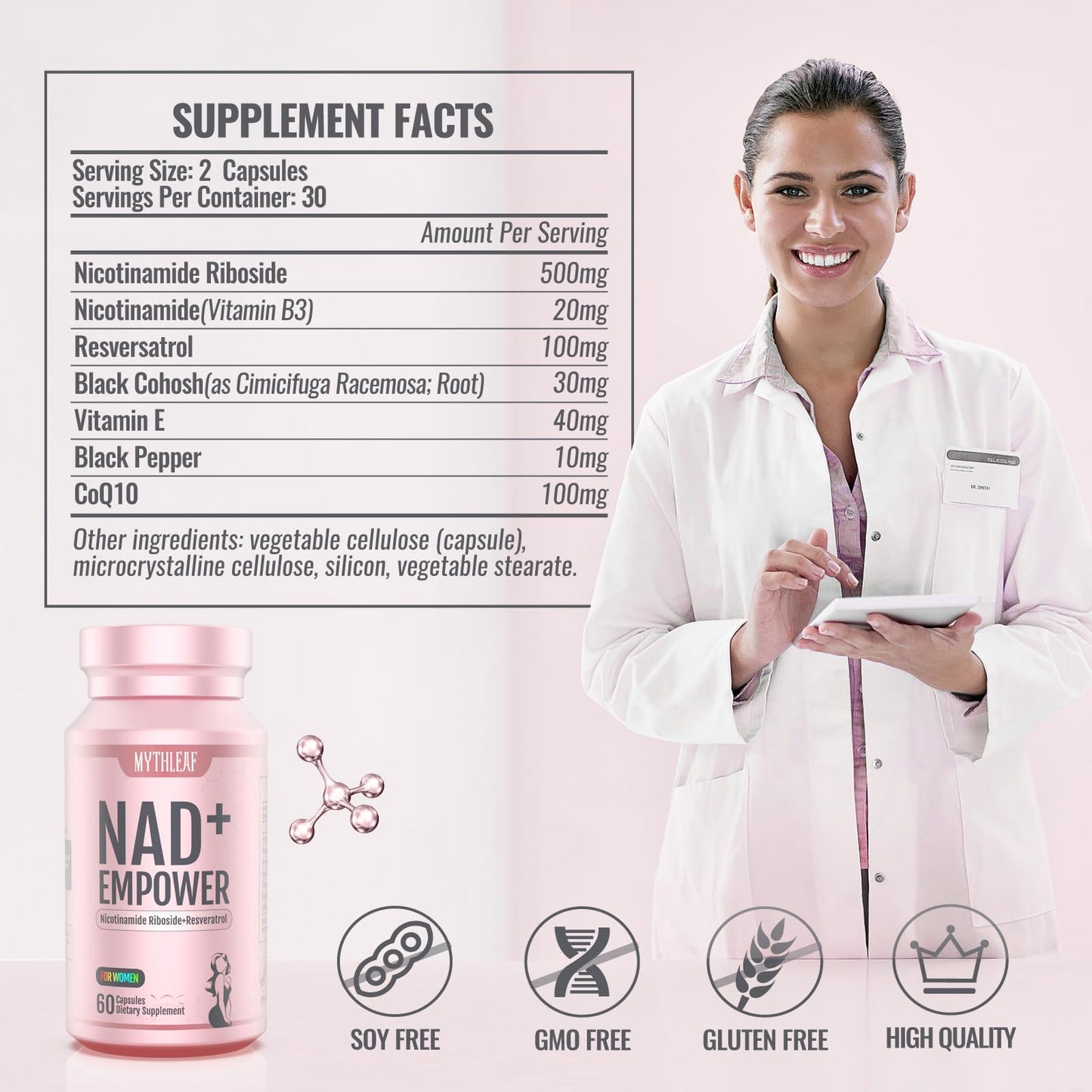 MythLeaf Exclusive NAD+ Supplement for Women,NMN Alternative with Resveratrol, CoQ10,Black Cohosh, Vitamin E for Cellular Health,Enhance Energy, Balance Mood, 60 Capsules,30 Day Supply