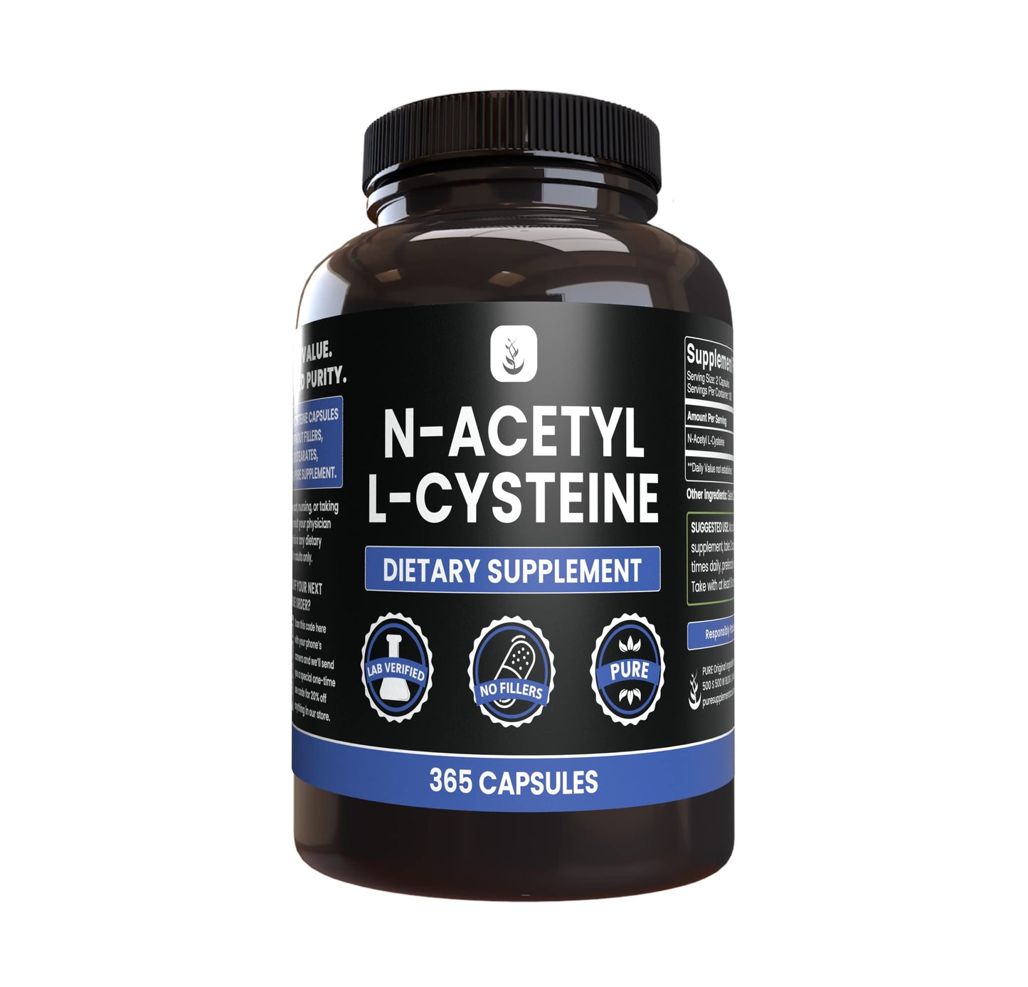 PURE ORIGINAL INGREDIENTS N-Acetyl L-Cysteine (365 Capsules) No Magnesium Or Rice Fillers, Always Pure, Lab Verified
