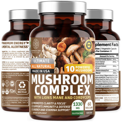 N1N Premium Mushroom Complex - 10x Powerful Mushrooms (Reishi, Lions Mane, Cordyceps, Chaga, Turkey Tail, Maitake) - 60 Veg Caps