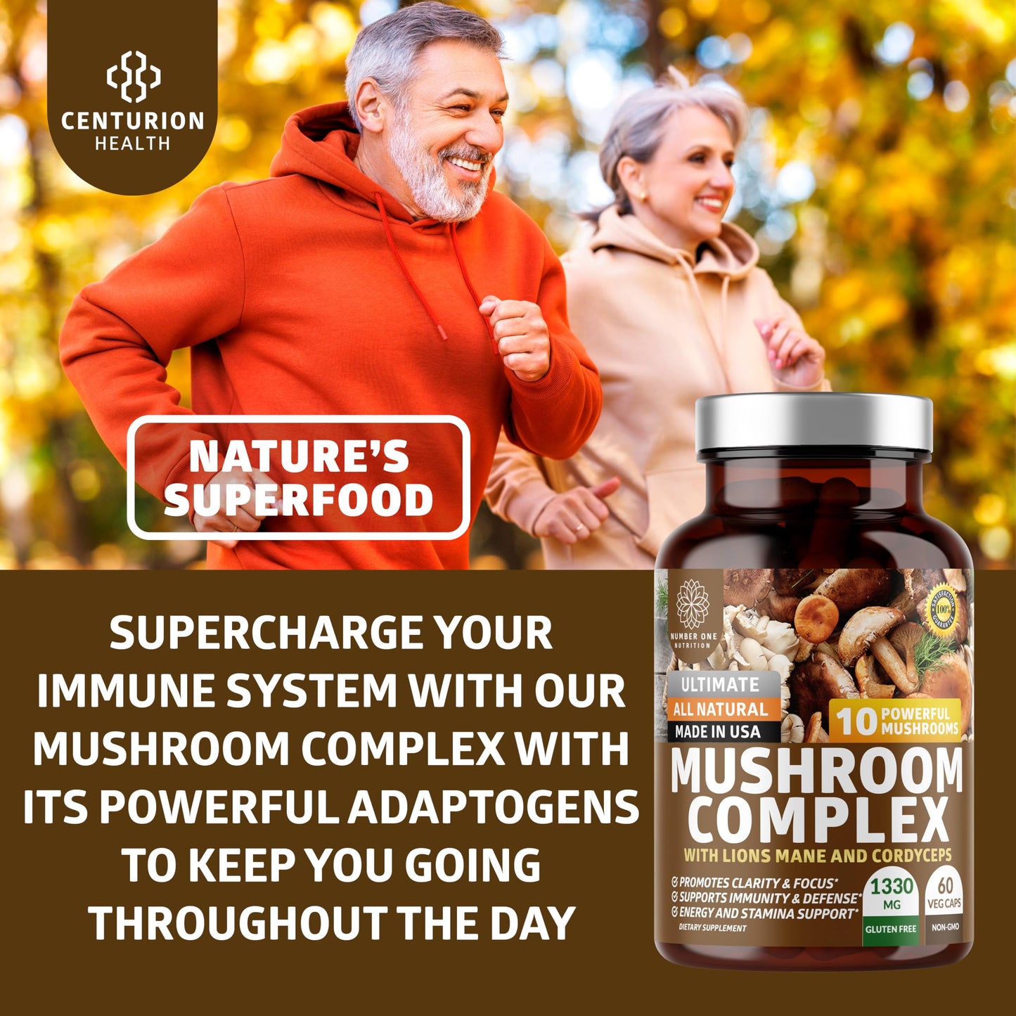 N1N Premium Mushroom Complex - 10x Powerful Mushrooms (Reishi, Lions Mane, Cordyceps, Chaga, Turkey Tail, Maitake) - 60 Veg Caps